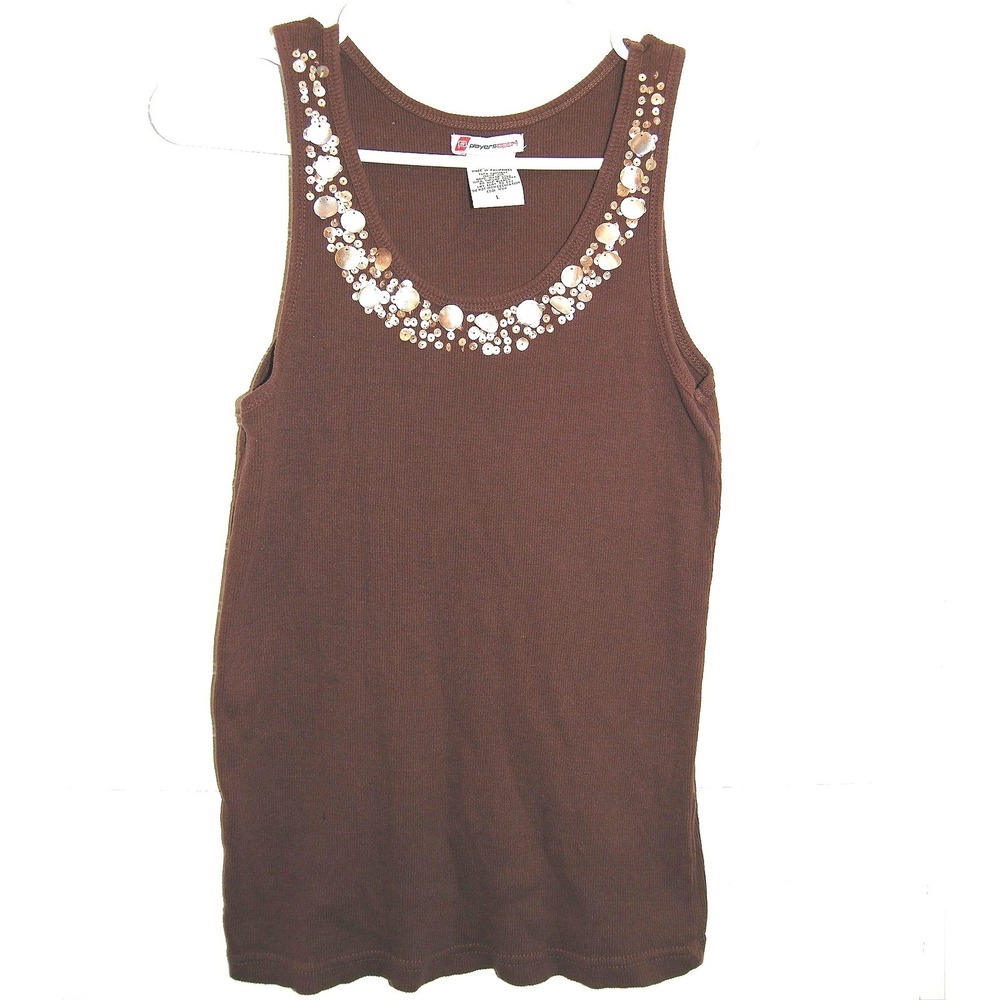 Y2K Tank Top Women's Large Vintage Sequin Brown‎ & Gold Sleeveless Cotton shirt